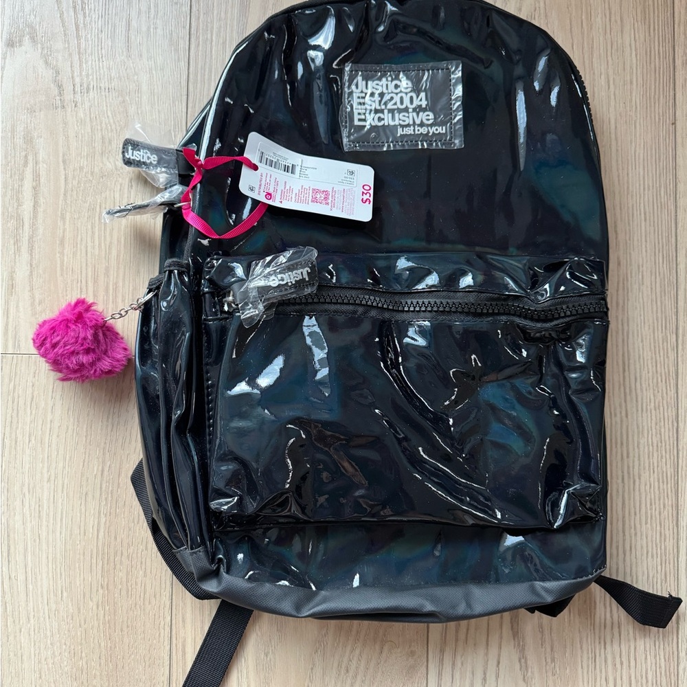 Justice Shiny Black Backpack with Pink Pom Pom